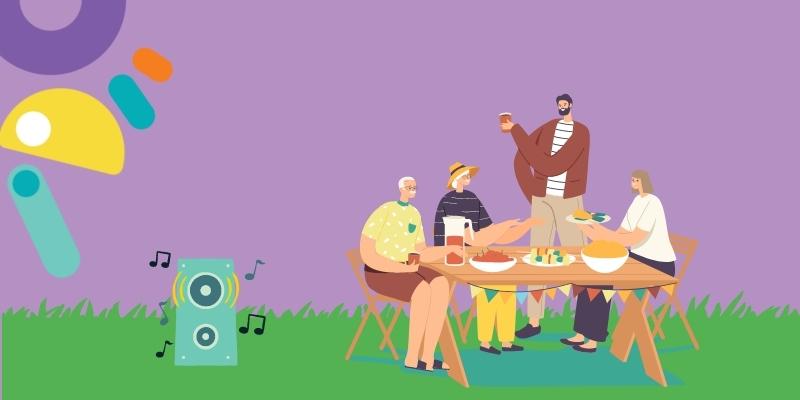 Cartoon of people of different ages having a picnic on a table in a park. A speaker is playing music next to them.