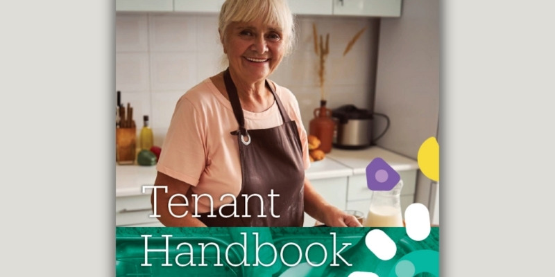 Tenant handbook cover with a photo of an elderly woman in a kitchen wearing an apron. Below is the text, tenant handbook.